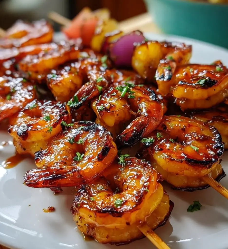 Delicious Hawaiian Honey Shrimp Skewers grilled to perfection