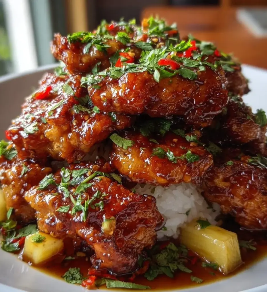 Hawaiian Turn Turn Chicken Stack with vibrant layers of chicken and tropical ingredients