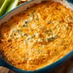 Healthy Buffalo Chicken Dip served in a bowl with fresh vegetables
