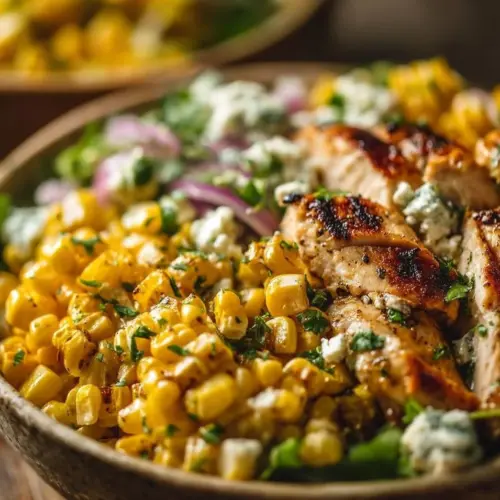 Healthy chicken and street corn bowl for a summer meal