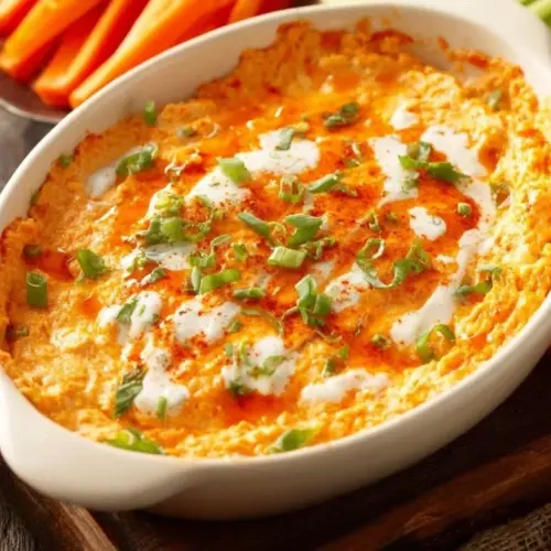 Healthy Cottage Cheese Buffalo Chicken Dip served in a bowl with vegetables