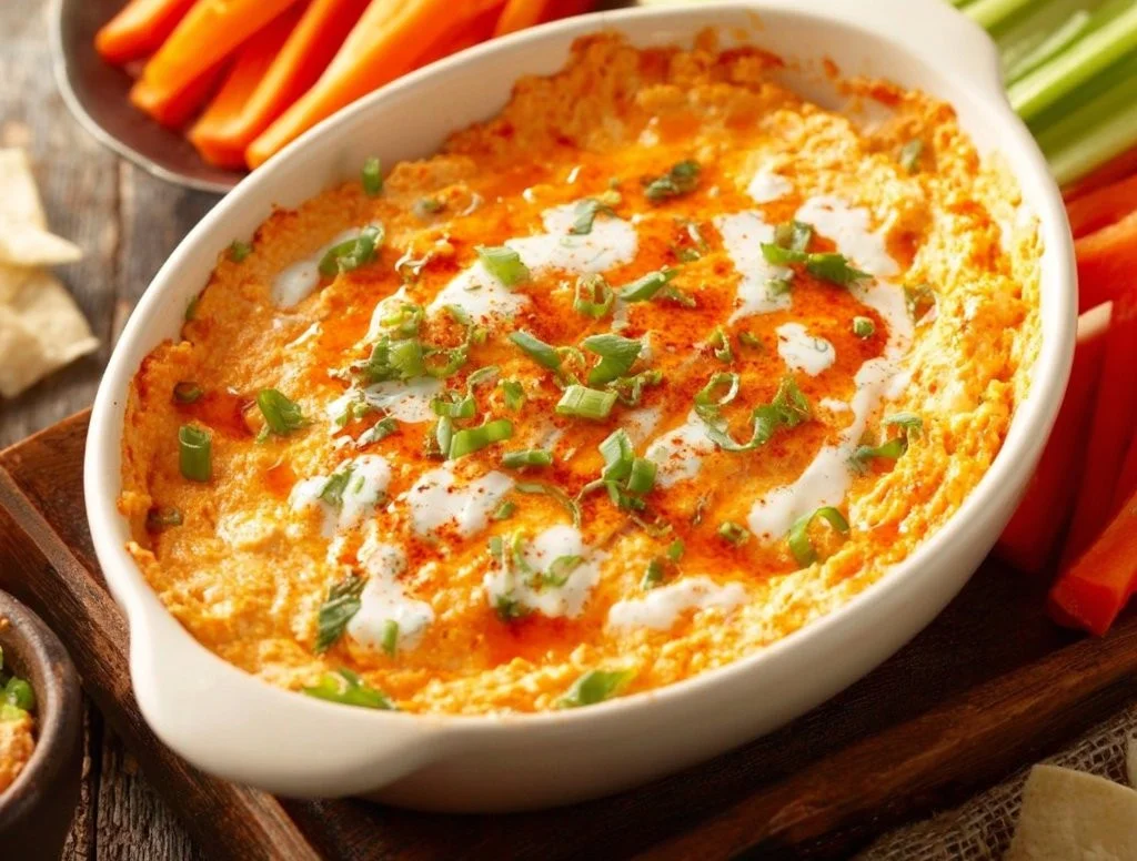 Healthy Cottage Cheese Buffalo Chicken Dip served in a bowl with vegetables