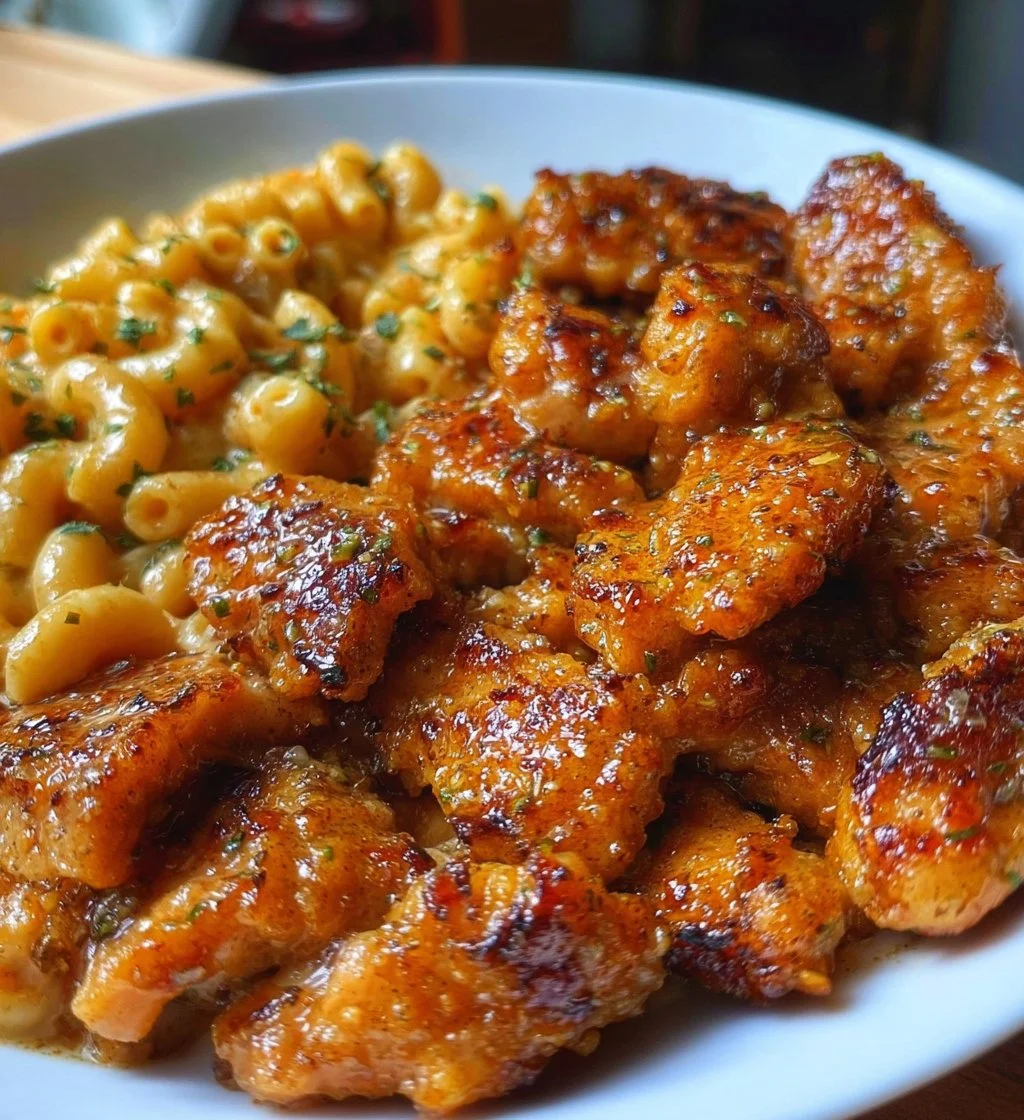 High-protein honey garlic butter chicken served with cheesy mac and cheese
