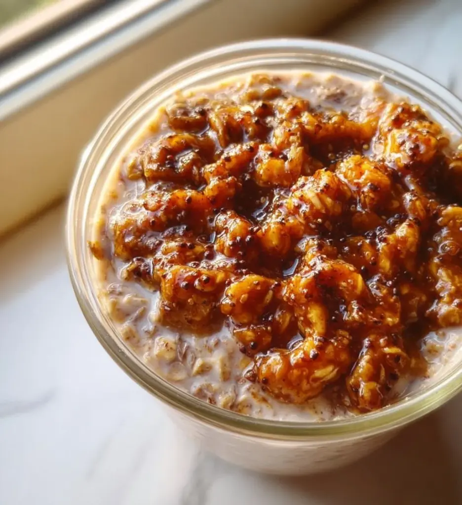 Bowl of high protein overnight oats topped with fresh fruits and nuts