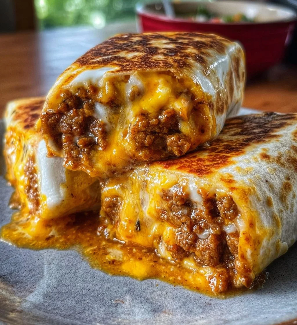 Homemade grilled cheese burrito with melted cheese and crispy tortilla