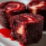 Delicious homemade red velvet brownie bites on a white plate surrounded by chocolate sprinkles.