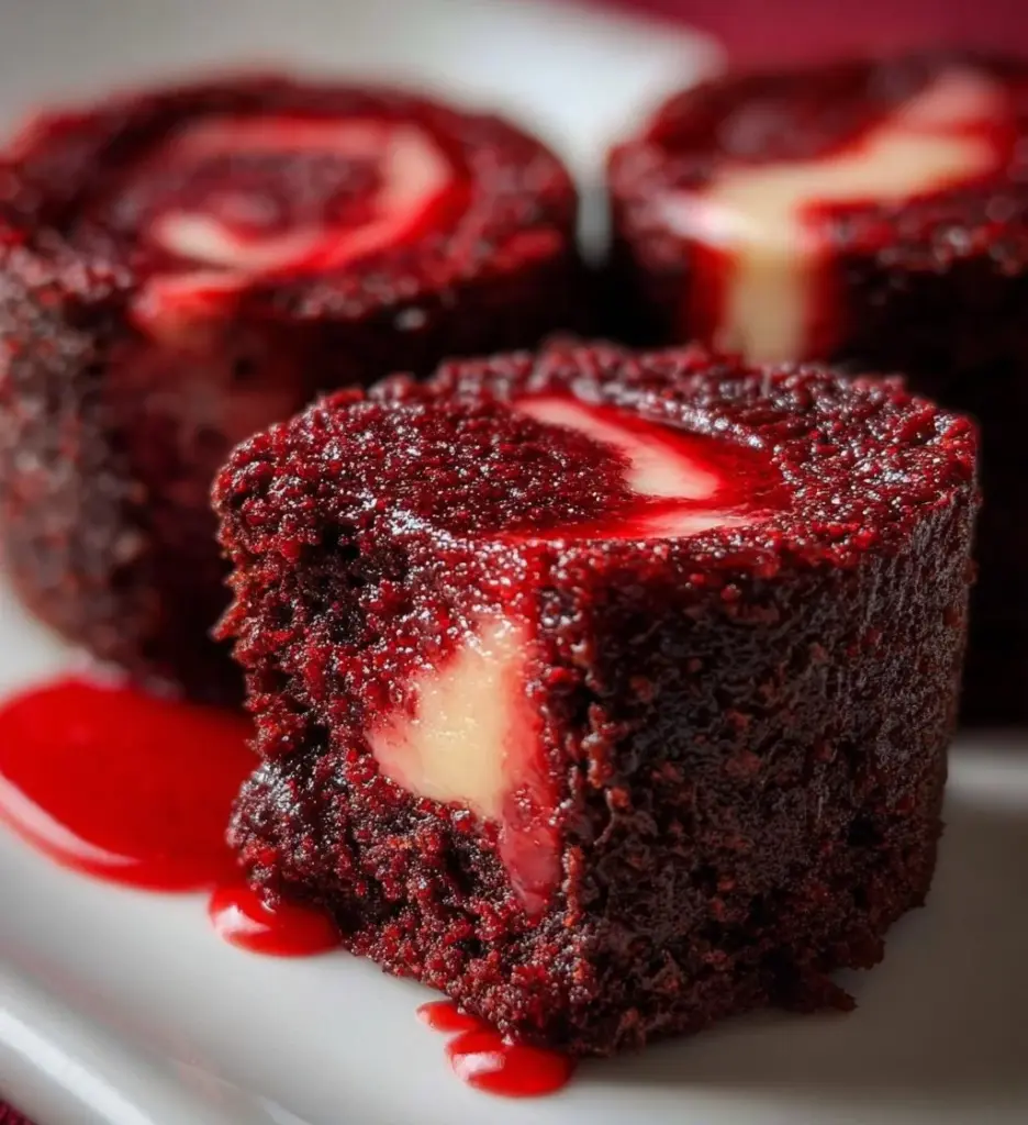 Delicious homemade red velvet brownie bites on a white plate surrounded by chocolate sprinkles.