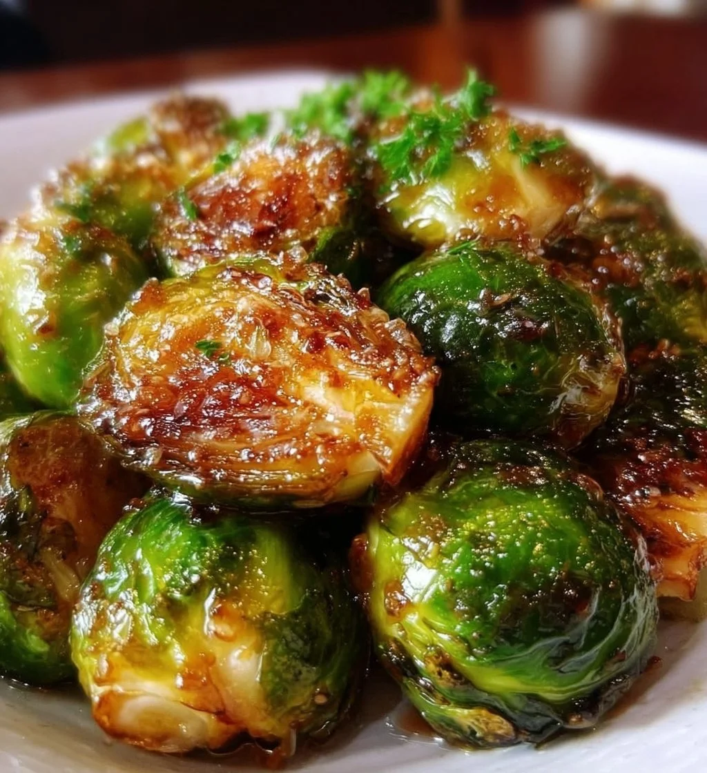 Honey balsamic Brussels sprouts dish served in a bowl, garnished and ready to enjoy.