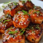 Delicious honey garlic salmon bites garnished with herbs on a plate