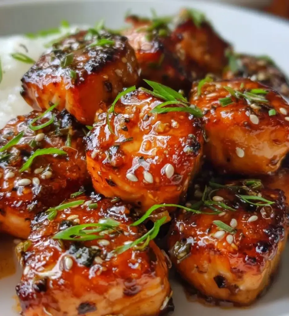 Delicious honey garlic salmon bites garnished with herbs on a plate