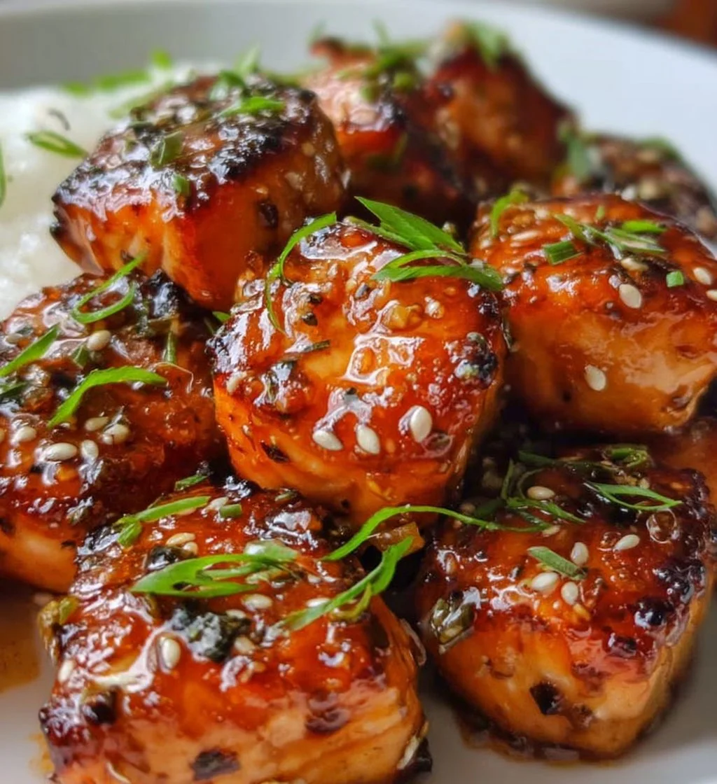 Delicious honey garlic salmon bites garnished with herbs on a plate