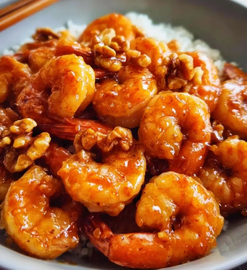 Plate of Honey Walnut Shrimp garnished with walnuts and green onions