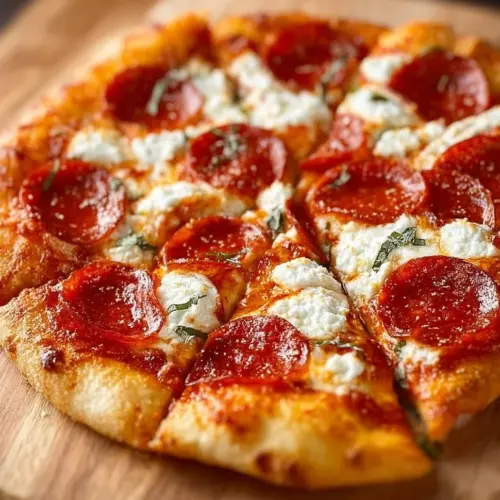 Hot Honey Pepperoni Ricotta Pizza topped with drizzled honey and spicy pepperoni.