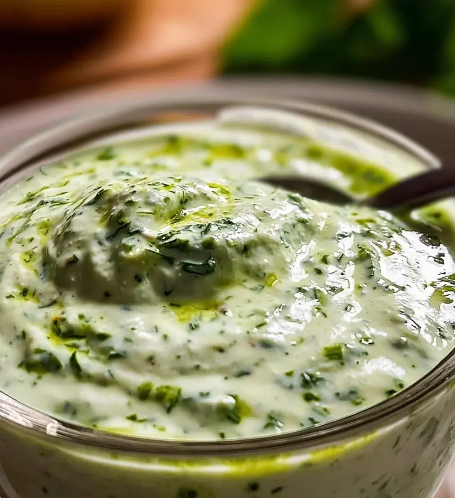 Bowl of Indian Mint Yogurt Sauce garnished with fresh mint leaves