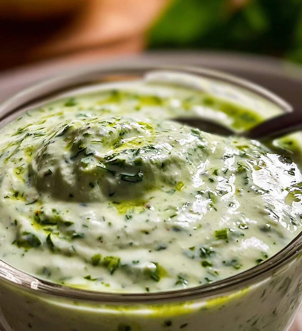 Bowl of Indian Mint Yogurt Sauce garnished with fresh mint leaves