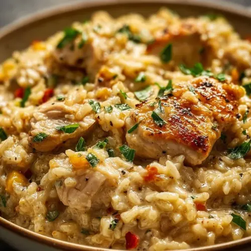 Bowl of Instant Pot creamy chicken and rice topped with herbs
