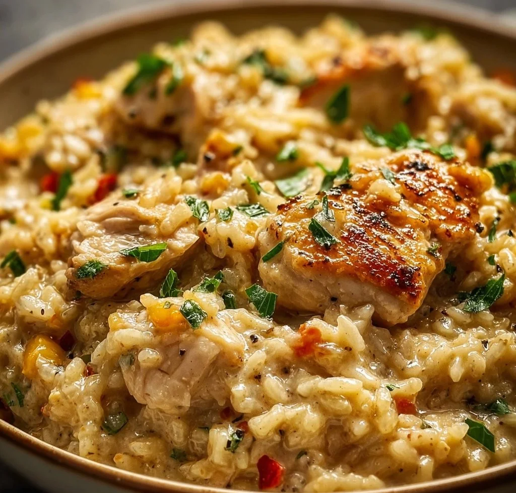Bowl of Instant Pot creamy chicken and rice topped with herbs
