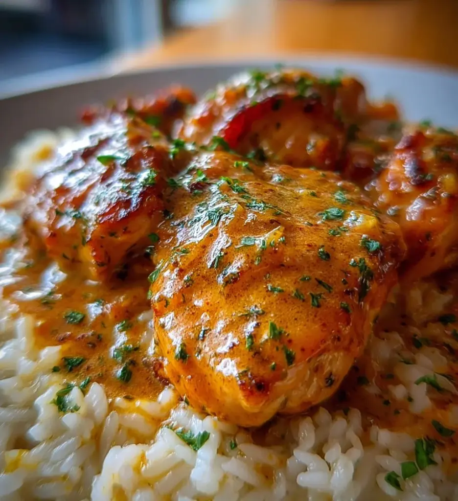 Plate of delicious smothered chicken served over fluffy rice