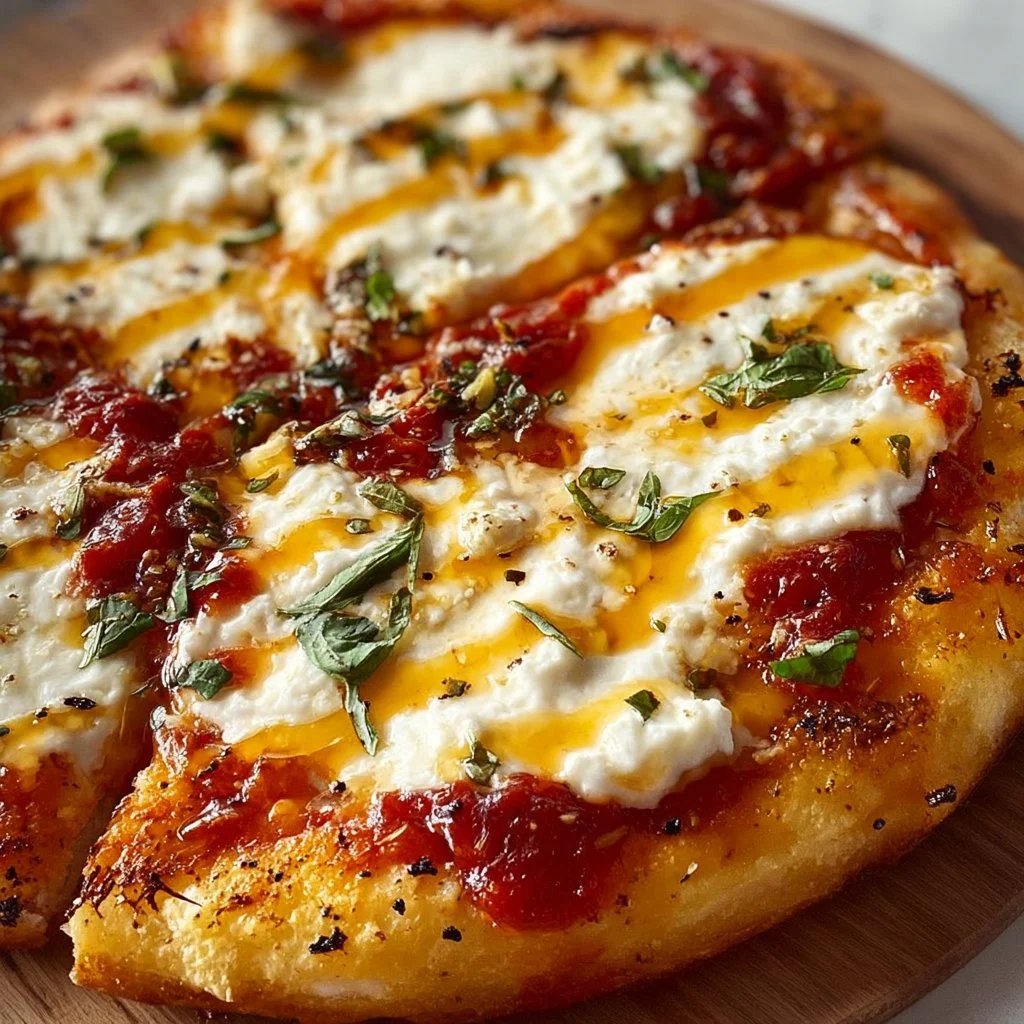Hot honey ricotta pizza topped with fresh ingredients and drizzled with spicy honey