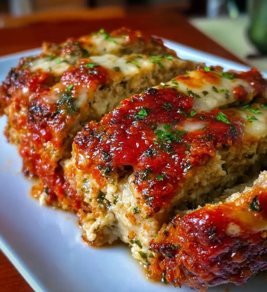 Italian Chicken Meatloaf topped with fresh herbs and served on a plate.