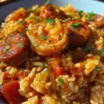 Delicious homemade jambalaya with shrimp, sausage, and vegetables
