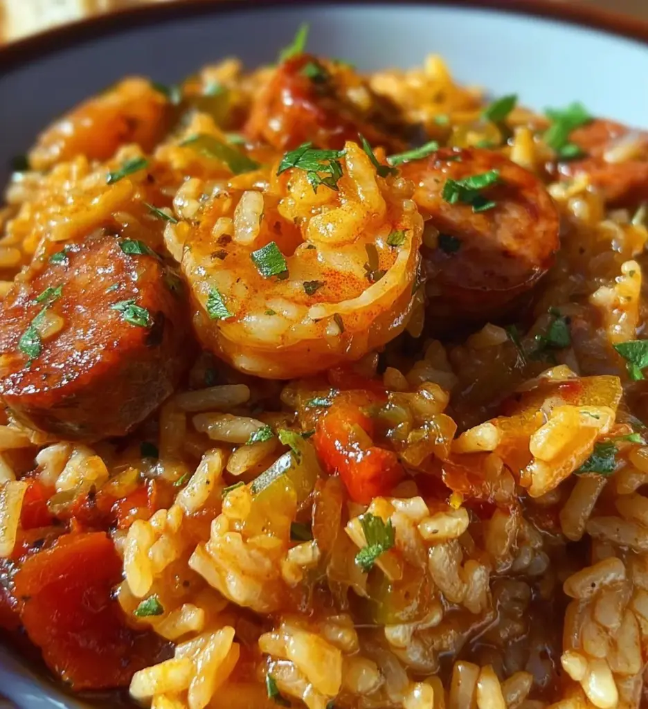 Delicious homemade jambalaya with shrimp, sausage, and vegetables