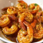 Delicious plate of juicy sautéed shrimp garnished and ready to serve.