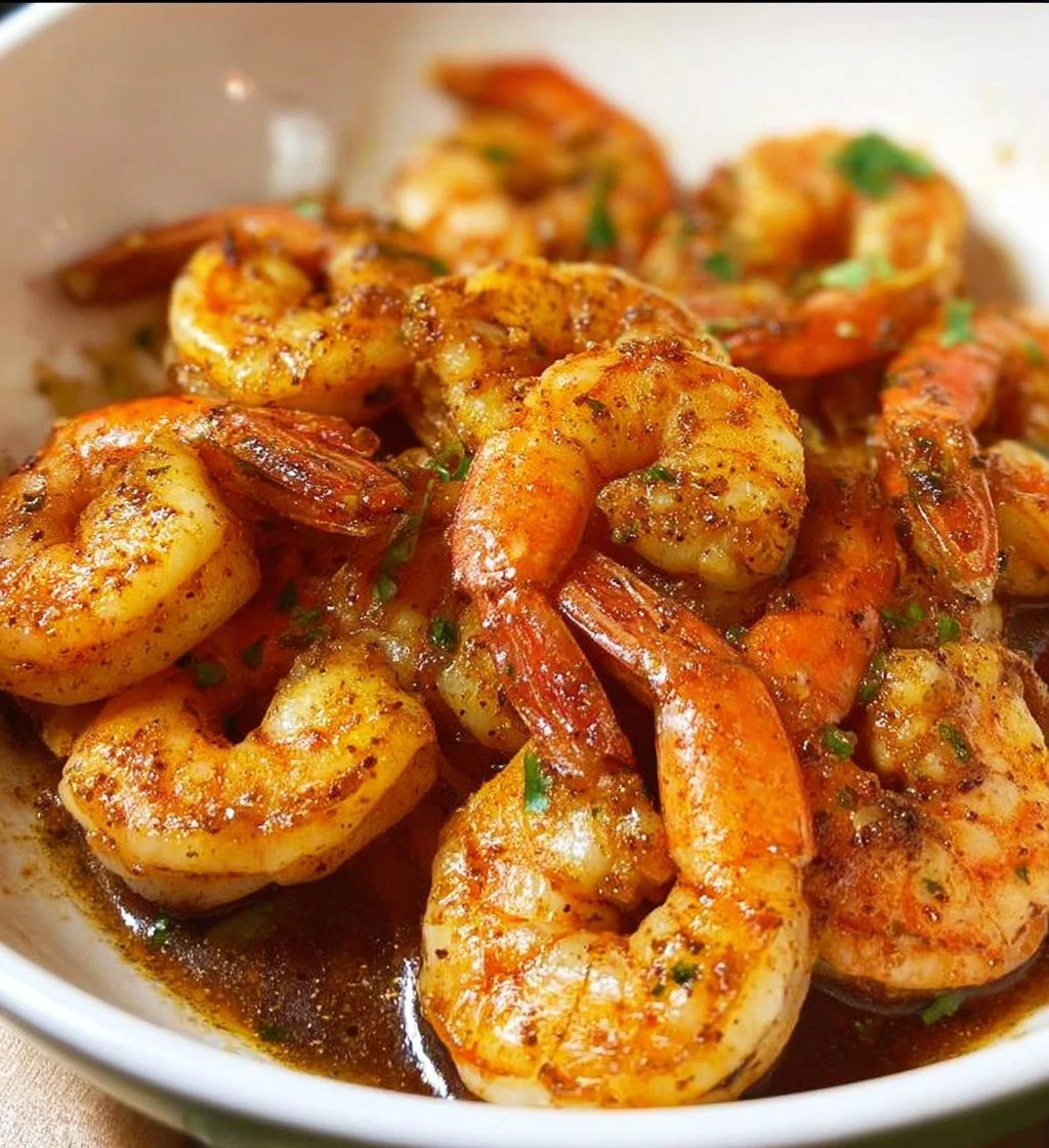 Delicious plate of juicy sautéed shrimp garnished and ready to serve.