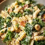 Kale Caesar Pasta Salad with fresh ingredients and a creamy dressing