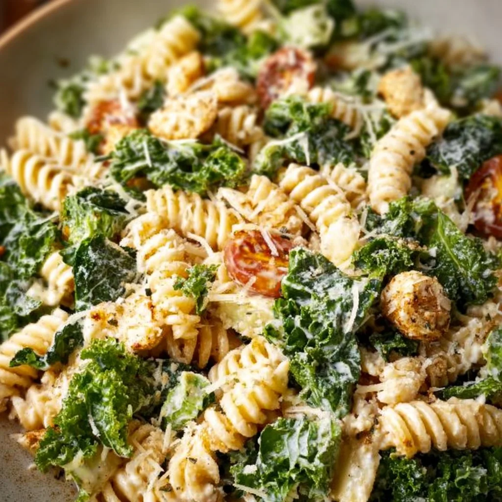Kale Caesar Pasta Salad with fresh ingredients and a creamy dressing