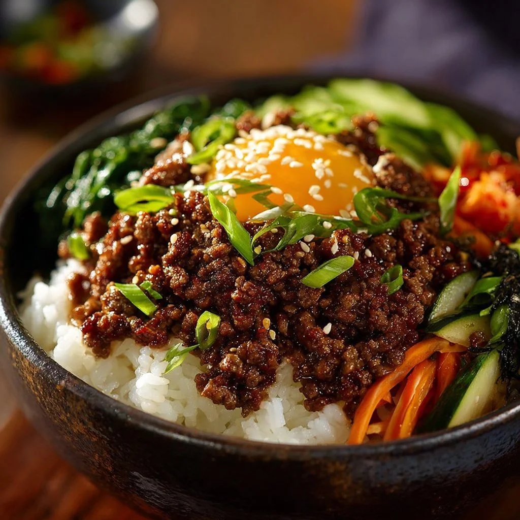 Korean Ground Beef Bowl with rice and vegetables