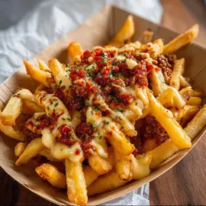 Delicious Louisiana Voodoo Fries topped with spicy seasoning and garnishes