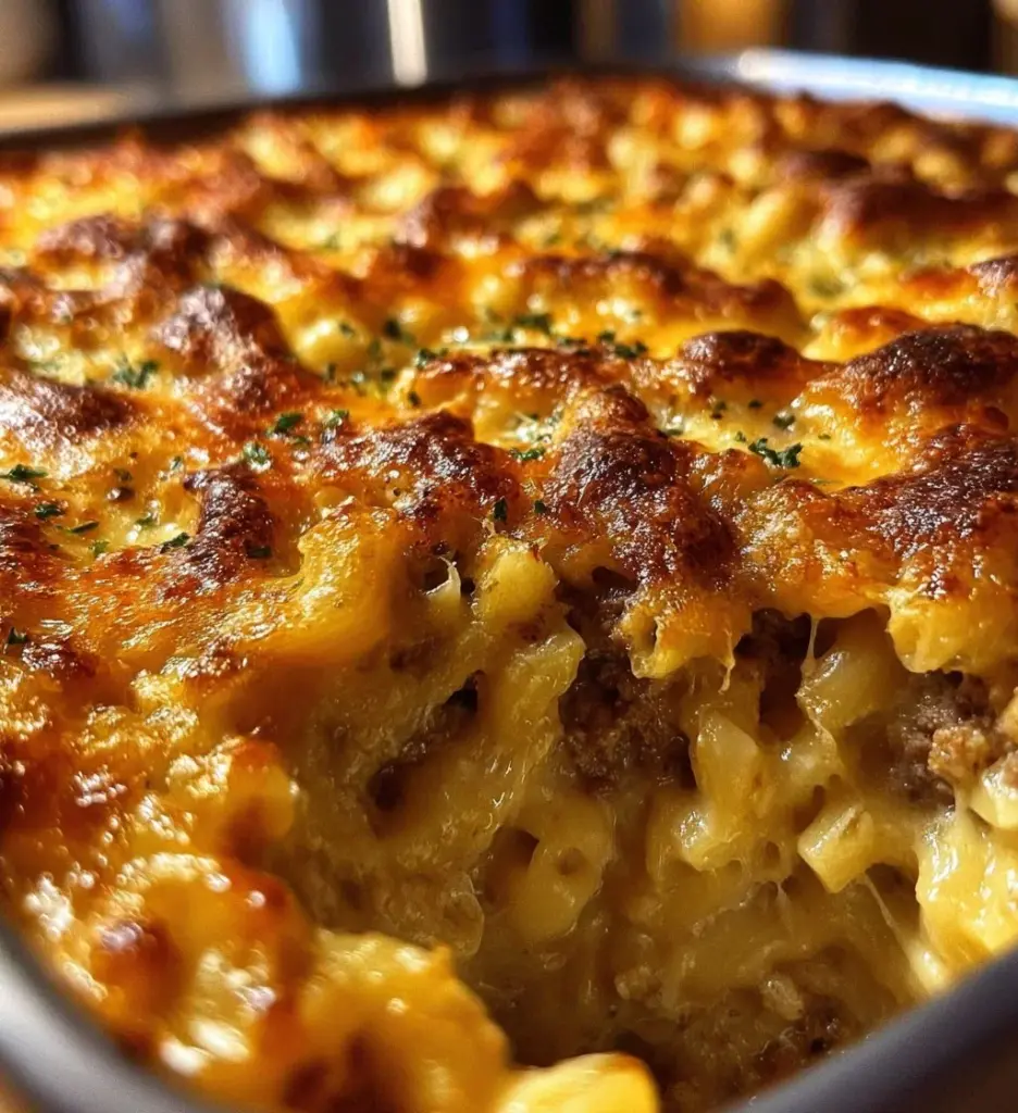 Delicious Mac and Cheese Meatloaf Casserole on a serving plate