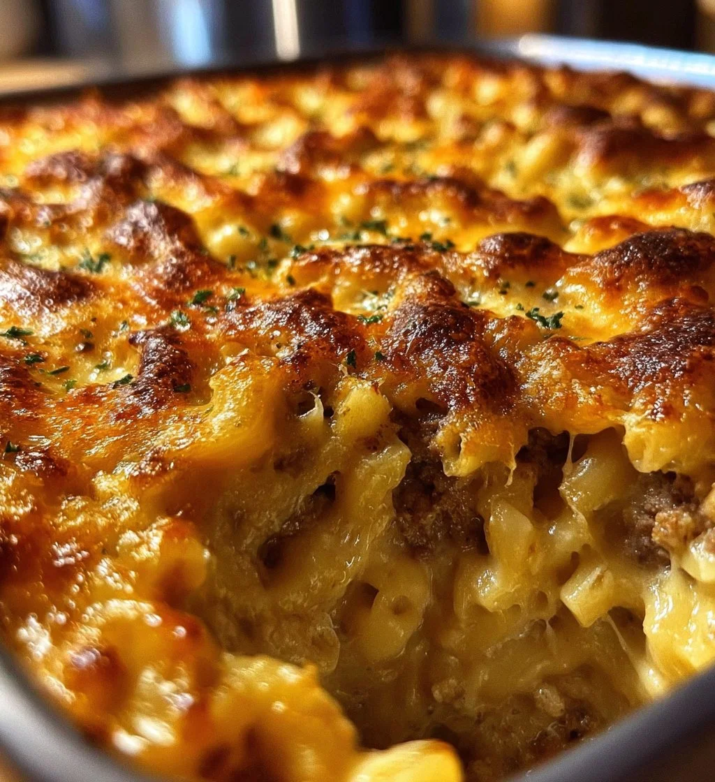 Delicious Mac and Cheese Meatloaf Casserole on a serving plate