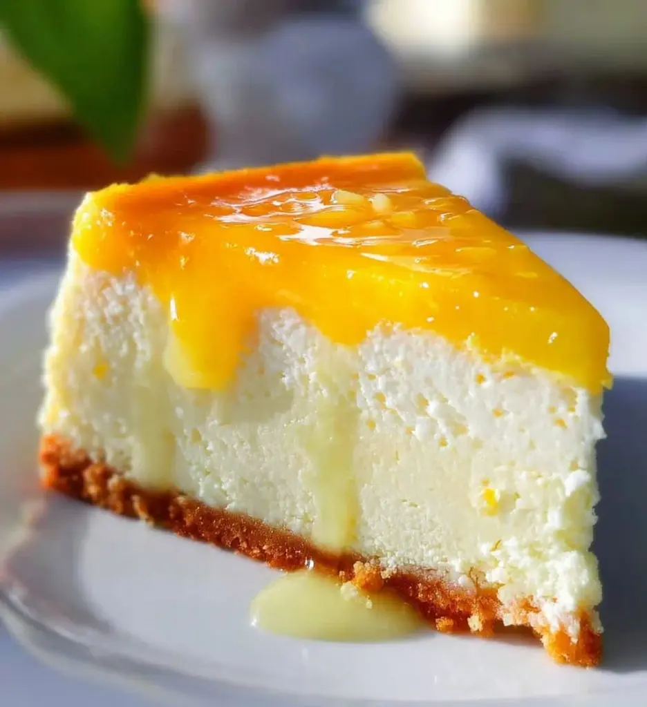 Delicious Mango Key Lime Cheesecake slice with tropical fruit topping.