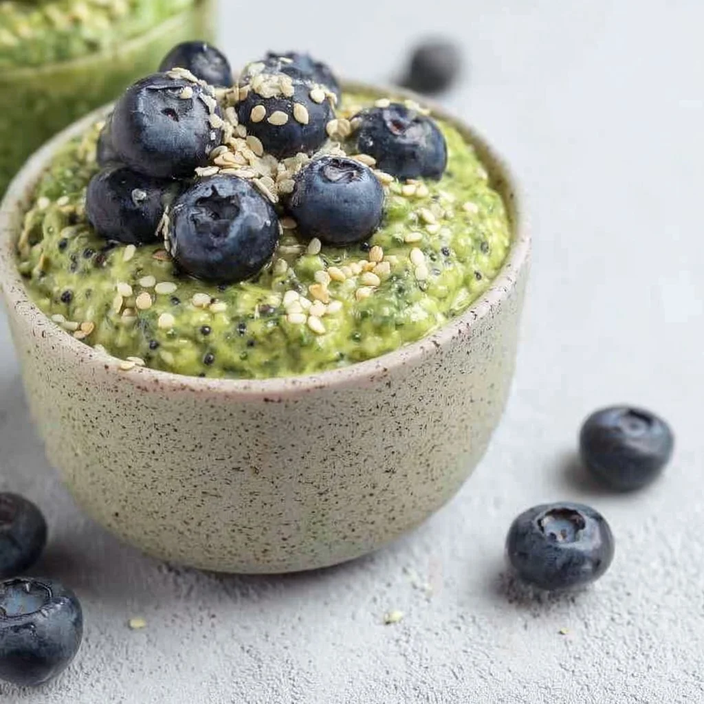 Bowl of matcha overnight oats topped with fruits and nuts