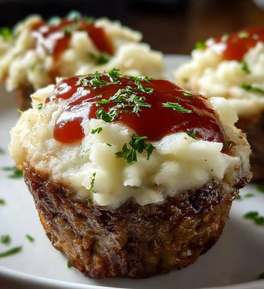 Delicious meatloaf cupcakes topped with creamy mashed potato swirls