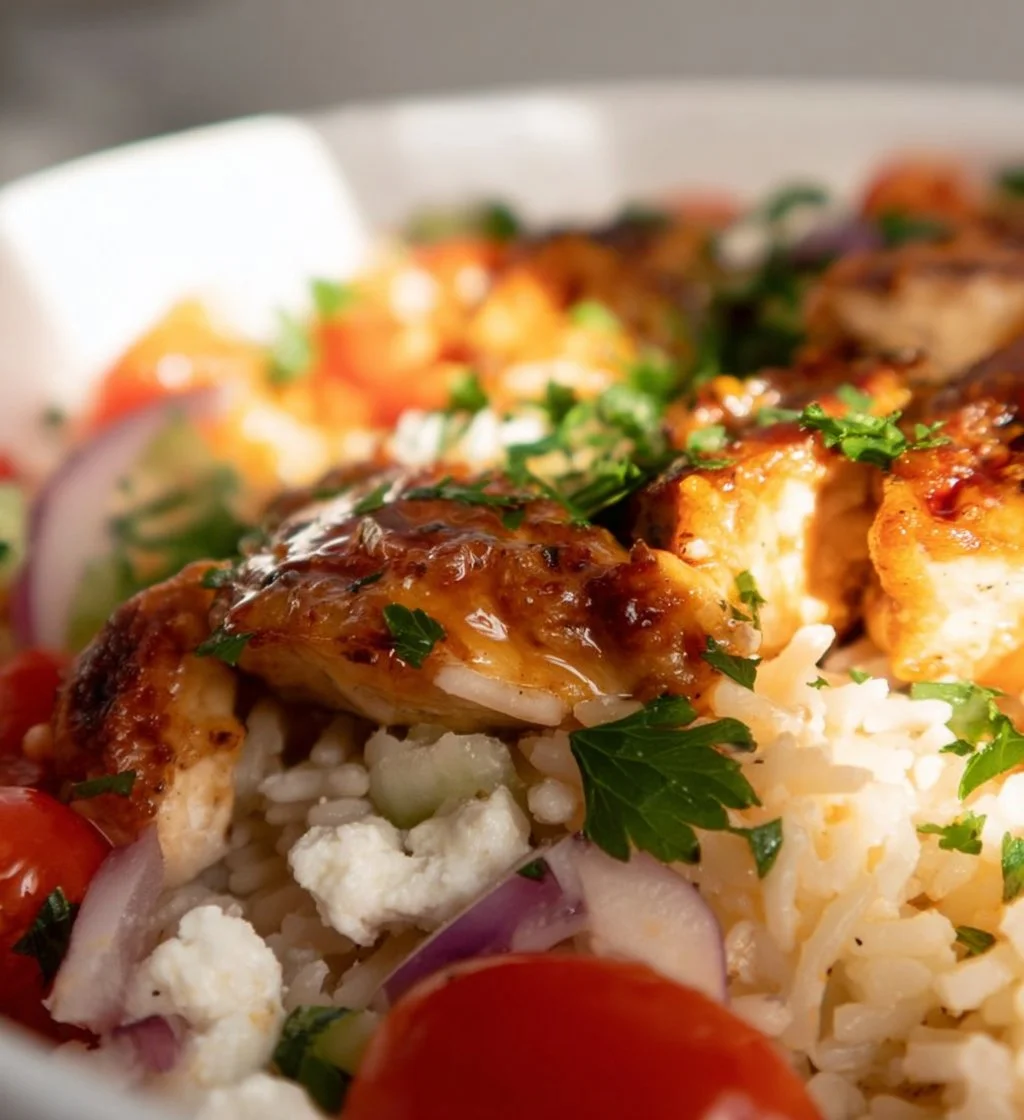 Mediterranean Chicken & Rice Bowls with vibrant vegetables and herbs