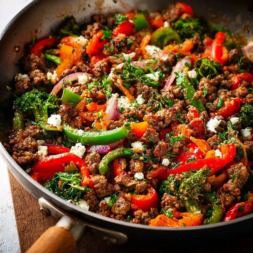 Mediterranean ground beef stir fry with colorful veggies in a skillet