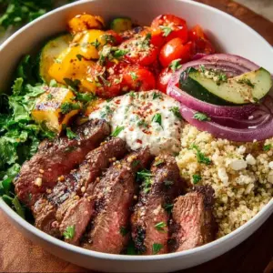 Mediterranean Steak Bowl with juicy steak, fresh veggies, and zesty toppings