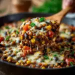 Plate of Mexican spiced lentils garnished with fresh herbs and spices
