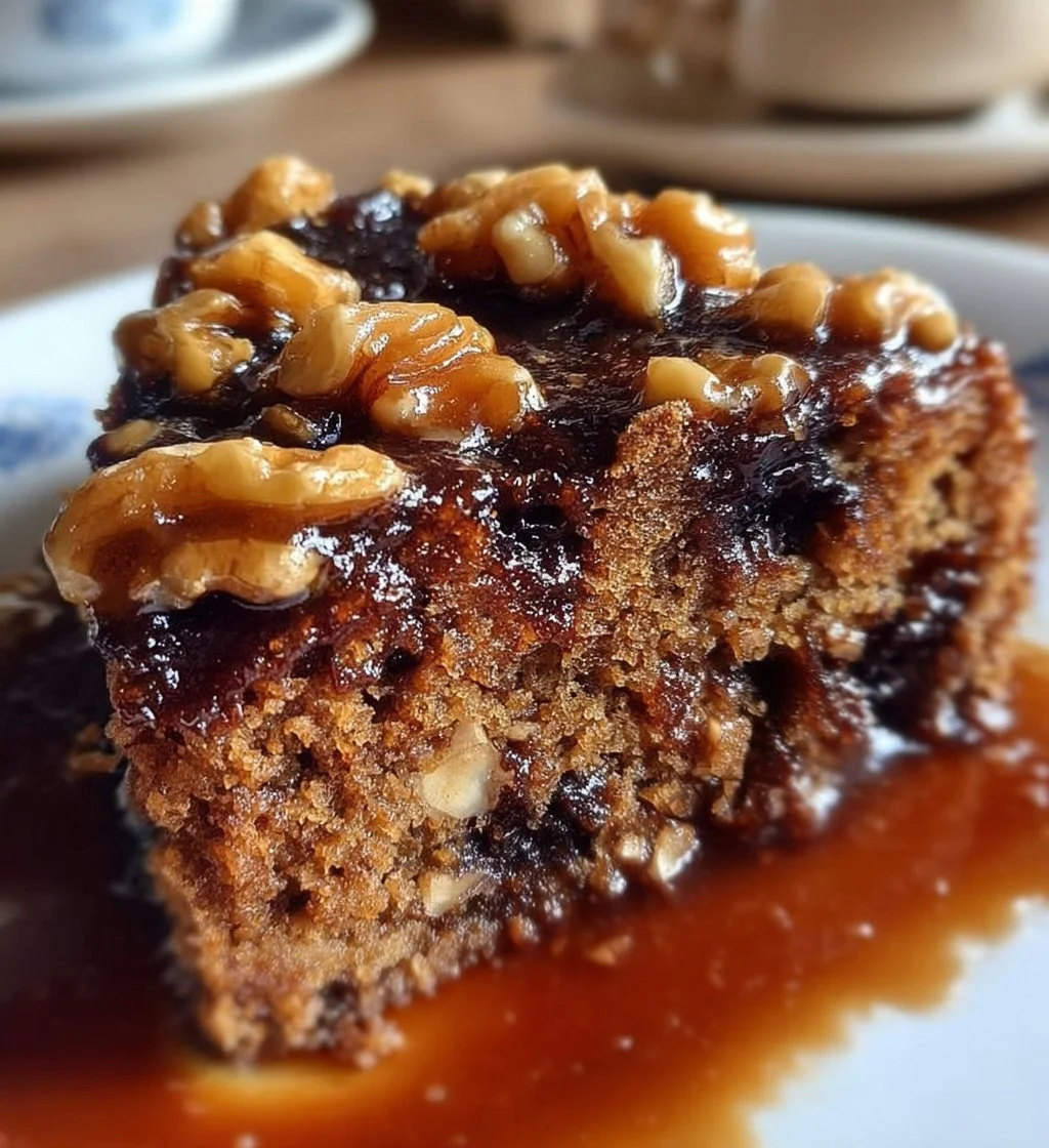 Moist espresso date cake with walnuts, showcasing delicious textures and flavors.