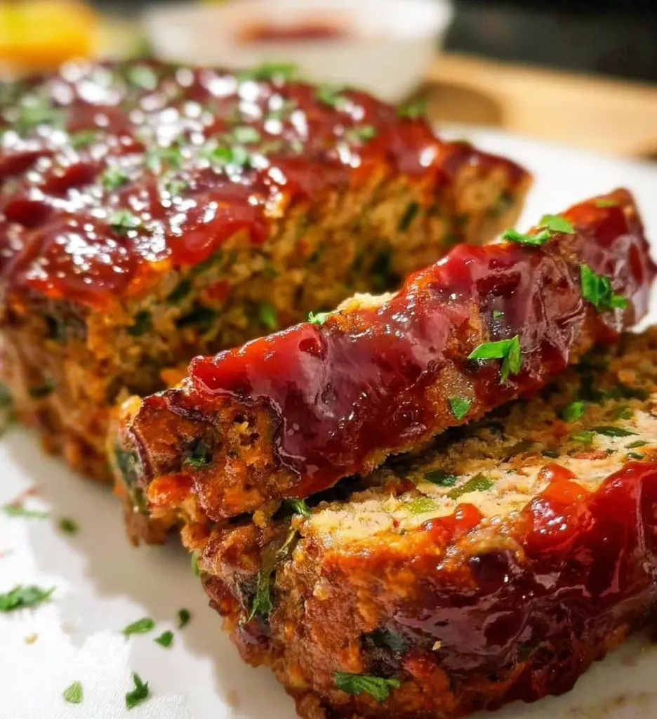 Moist turkey meatloaf with mixed vegetables on a serving plate