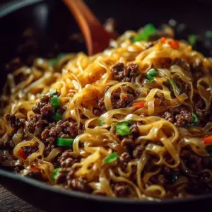 Plate of Mongolian Ground Beef Noodles with vegetables
