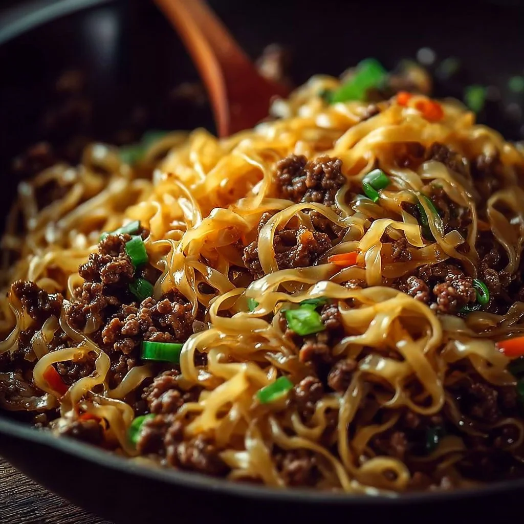Plate of Mongolian Ground Beef Noodles with vegetables