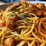 Plate of Monterey Chicken Spaghetti with fresh herbs and vegetables