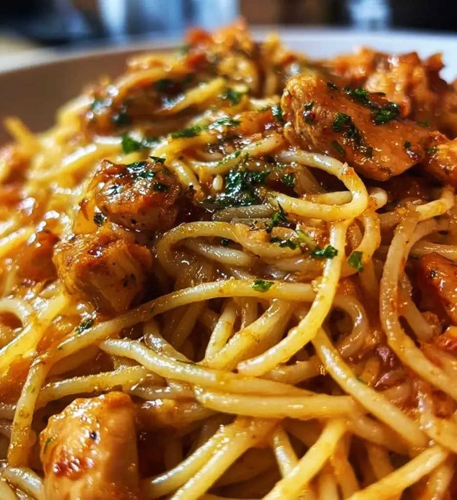 Plate of Monterey Chicken Spaghetti with fresh herbs and vegetables