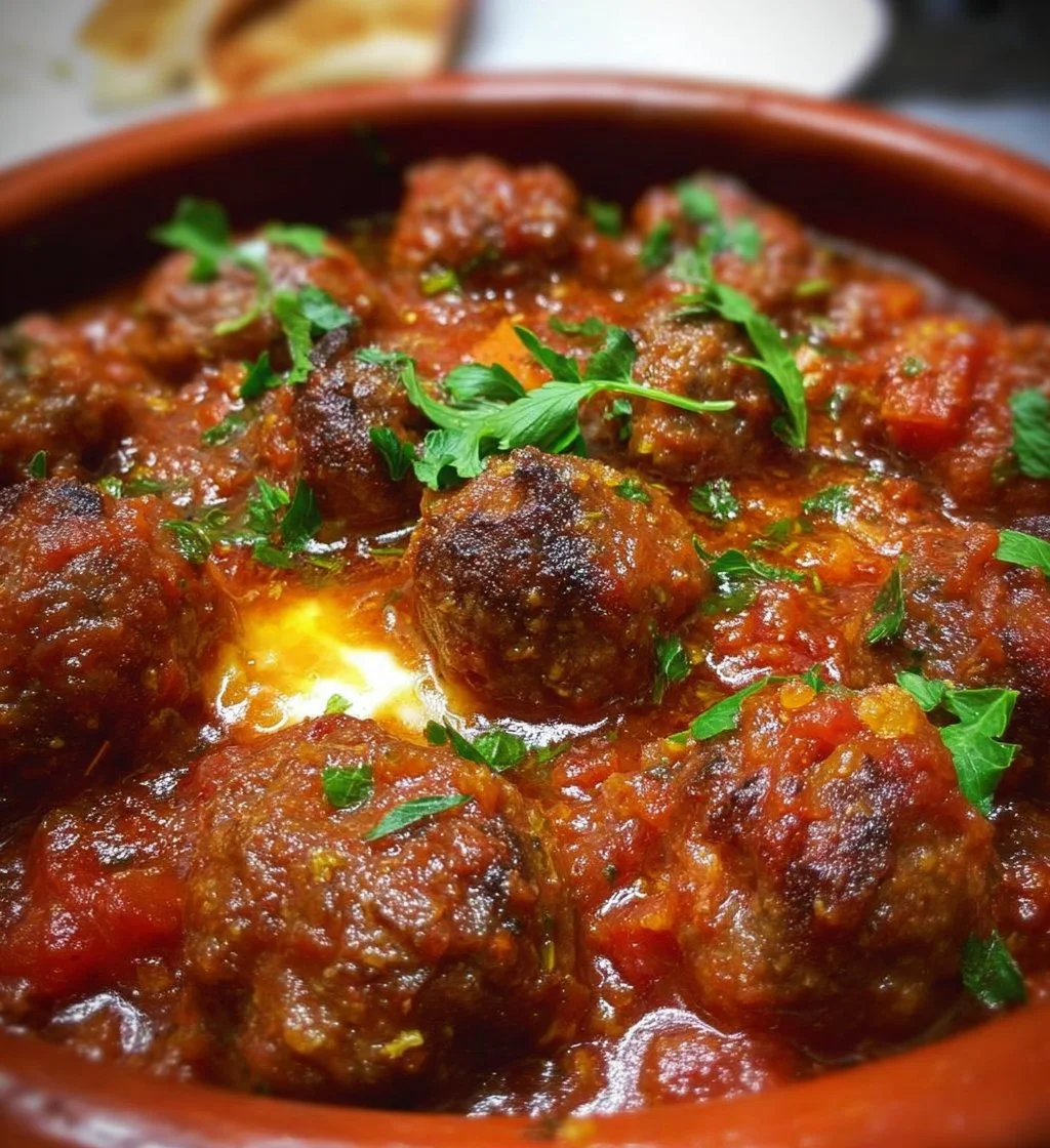 A bowl of Moroccan meatball stew garnished with fresh herbs and spices