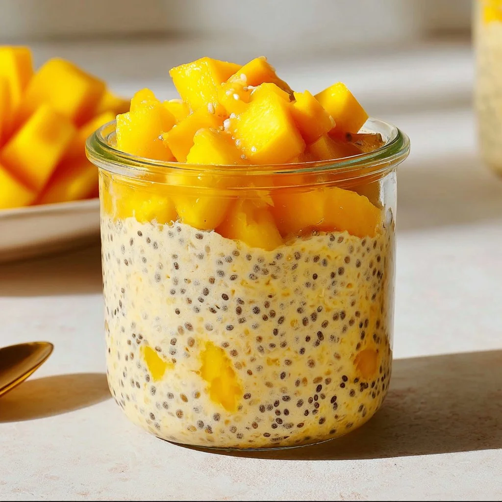 Bowl of mouthwatering mango overnight oats topped with fresh mango slices and coconut.