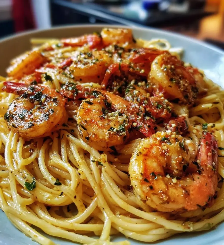 A delicious plate of Old Bay Garlic Shrimp Pasta garnished with fresh herbs
